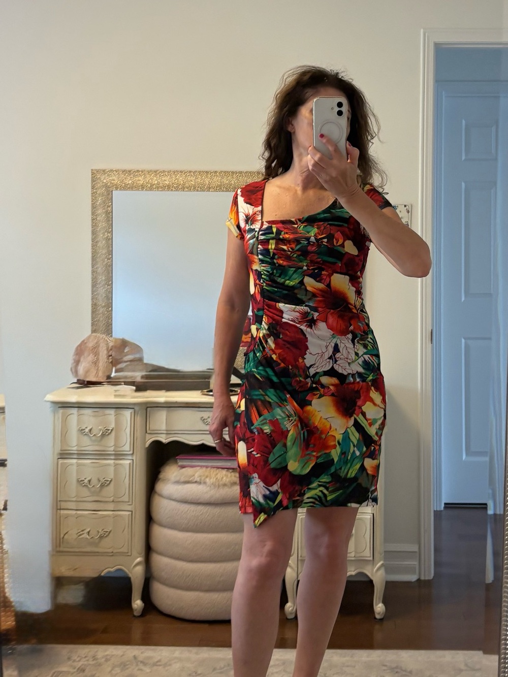 Tricotto Tropical Floral Ruched Mini Dress - Red, Green, Yellow